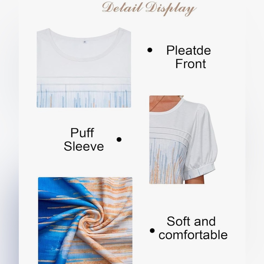 Women's Crewneck, Pleated, Puff Sleeve Blue and White Top NEW - Picture 2 of 3